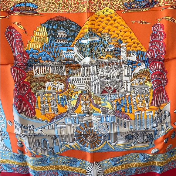 Authentic Hermès L’Atlantide %100 Silk Scarf Carré 90 Red Orange Made in France - Picture 7 of 15